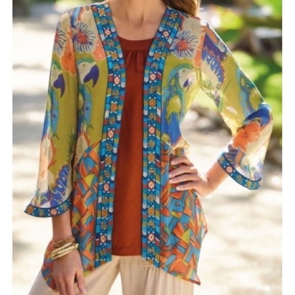 Soft Surroundings Tops - Soft Surroundings Tropical Curaçao Parrot Embroidered Kimono Cover Up Med